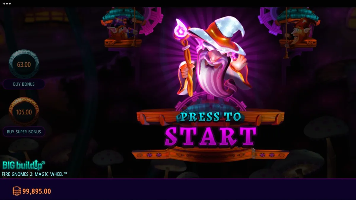 Pemandangan magis dari slot Fire Gnomes 2 Magic Wheel dengan latar belakang hutan jamur yang bercahaya.
