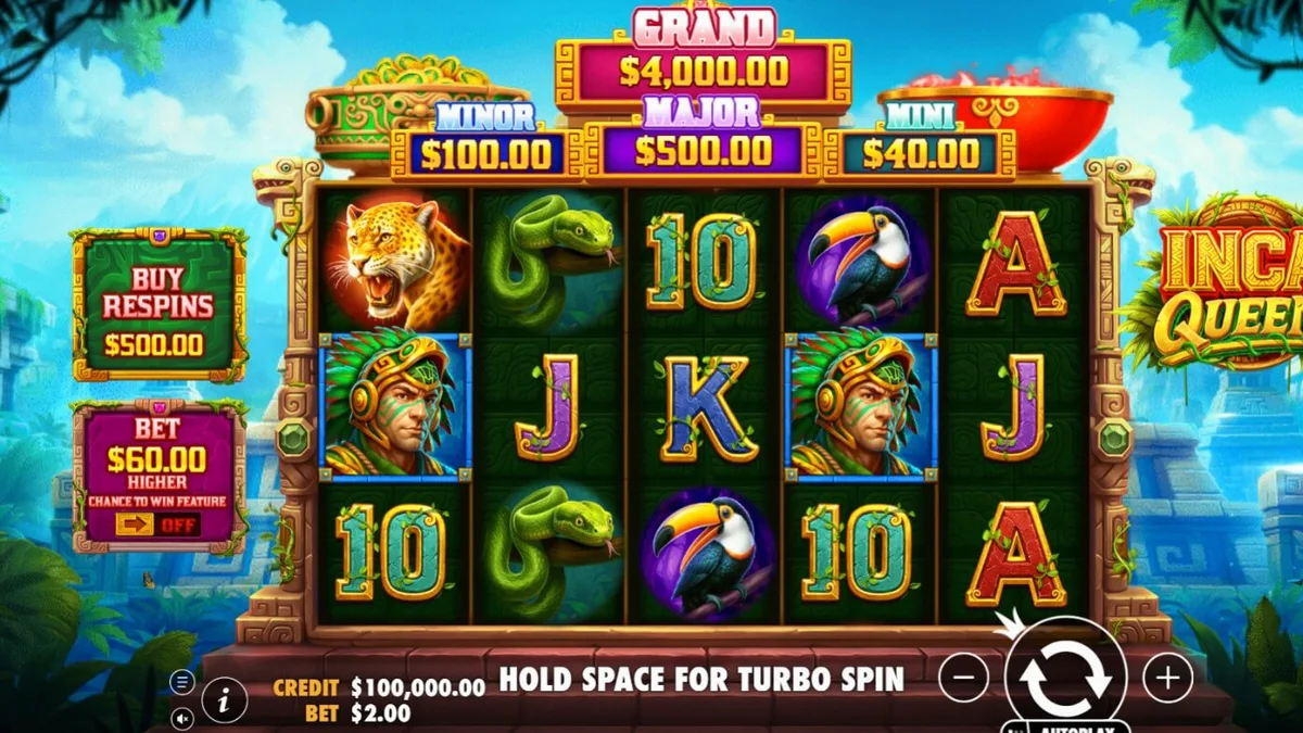 Tampilan visual slot Inca Queen dengan latar belakang kuil Inka dan simbol koin emas