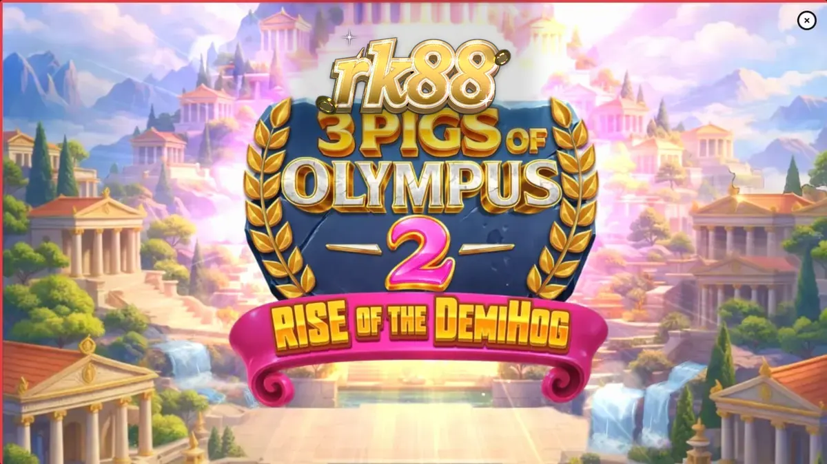 Tampilan visual slot 3 Pigs of Olympus 2 dengan latar belakang Gunung Olympus dan karakter babi pahlawan.